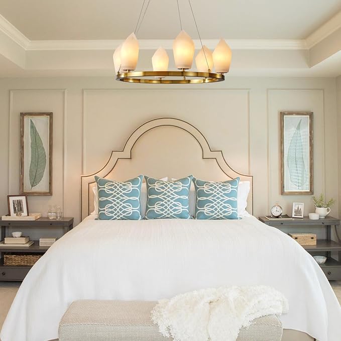 Alabaster Chandeliers, 23" 6-Light Modern Large Chandelier for Living Room with Bulb, Bedroom Wagon Wheel Chandelier, Round Gold Chandeliers for Entryway, Foyer Lighting Fixtures Hanging Light