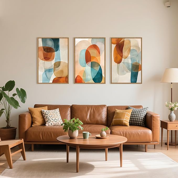 Large Abstract Color Block Framed Canvas Wall Art,Boho Orange and Blue Ovals Wall Decor,Modern Colorful Shape Artwork,Watercolor Geometric Art Print for Living Room,Bedroom,Office- 16"x24"x3