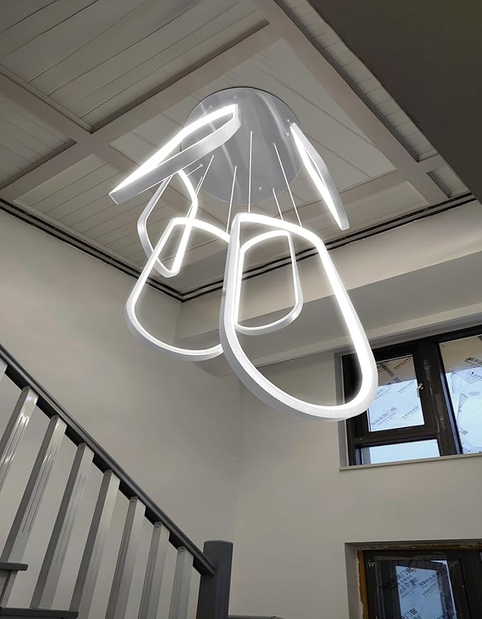 6 Rings Modern Chandelier LED Dimmable Pendant Lighting High Ceiling Chandelier for Entrance Foyer Lobby Living Room Staircaes Sliver 78.7''