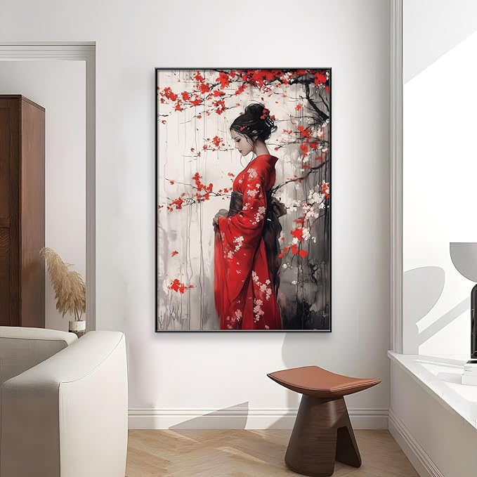 Kewhush Japanese Geisha Canvas Wall Art, Cherry Blossom Wall Art, Framed Canvas Print, Modern Asian Wall Decor, Japan Wall Print, Traditional Home Decor (Black Framed, 28"x42" | 71x107cm)