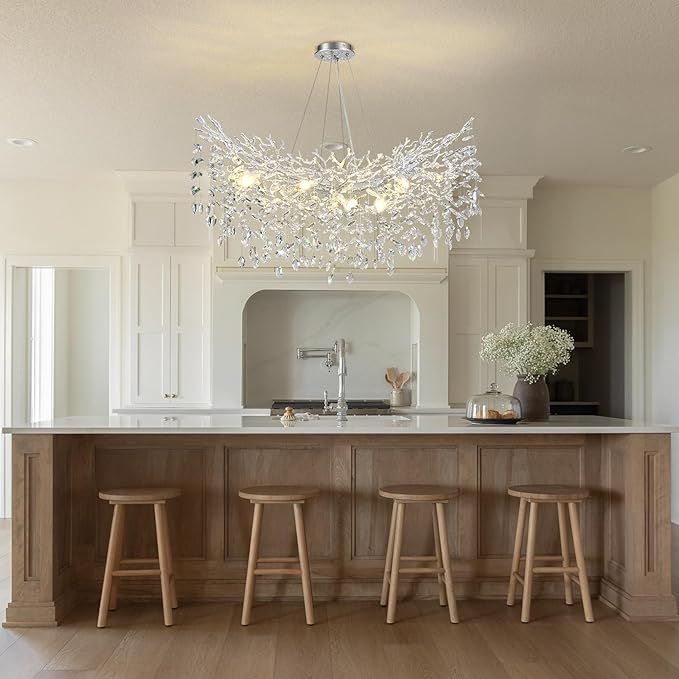 36inch Crystal Rectangle Chandelier for Dining Room, Silver Tree Branch Chandeliers Over Table, Top K9 Crystal Modern Chandeliers for Dining Table,Kitchen Island,Luxury Rectangular Chandelier
