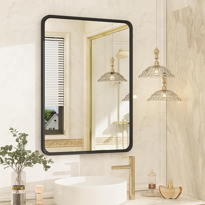 OKPAL 16X24 Inch Black Bathroom Mirror for Vanity, Matte Black Metal Framed Mirror, Rounded Rectangle Bathroom Mirror for Farmhouse, Anti-Rust, Beveled Border (Horizontal/Vertical)