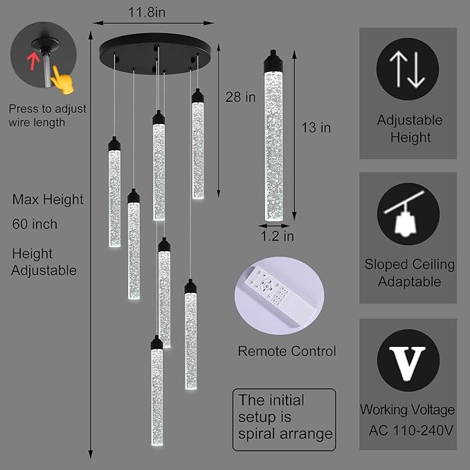 7-Lights High Ceiling Crystal Staircase Chandelier Black Pendant Lights Modern Spiral Raindrop Dimmable LED Bubble Cluster Ceiling Hanging Lighting Fixture for Foyer Living Room Remote Control