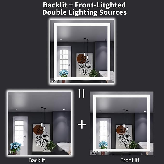 LOAAO 38"X38" LED Bathroom Mirror with Lights, Anti-Fog, Dimmable, Backlit + Front Lit, Lighted Bathroom Vanity Mirror for Wall, Memory Function, Tempered Glass, Shatter-Proof, ETL Listed
