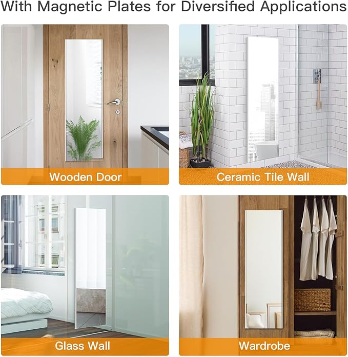 55"x16" Magnetic Mirror Lightweight Full-Length Mirror | Strong Adhesion, Easy Installation | Suitable for Refrigerators, Glass Walls, Wooden Doors, and More | 8.2kg Ultra-Strong Support | Silver