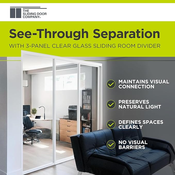 3-Panel Clear Glass Sliding Room Divider - Tempered Glass Wall Separator Screen for Office, Home, Workstation, Cubicle, Desk - Commercial & Residential Partition - 72" W x 80" H, White Frame