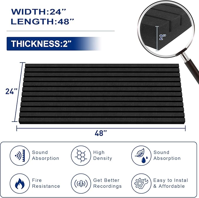 Acoustic Foam Panels, 48 x 24 x 2 inches, 4 Pack Soundproof Foam Wall Panels High Density Noise Canceling Studio for Echo Absorption Home Office (Black 4 Pack, 48" x 24" x 2")