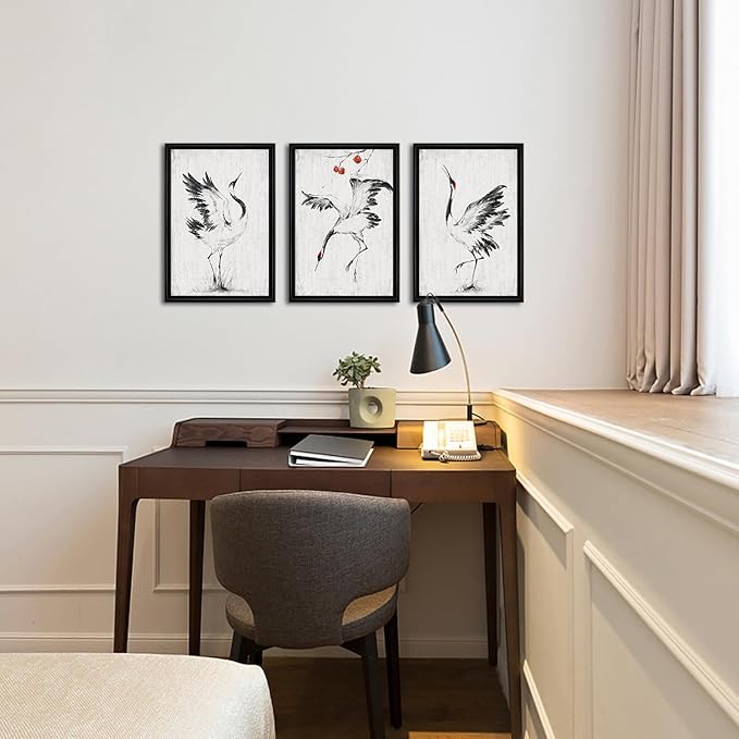 KREATIVE ARTS Black and White Chinoiserie Wall Art Set of 3 White Crane and Persimmon Tree Chinese Painting on Canvas with Frame for Bedroom Living Room Minimalist Oriental Decor Each 16x24 Inch