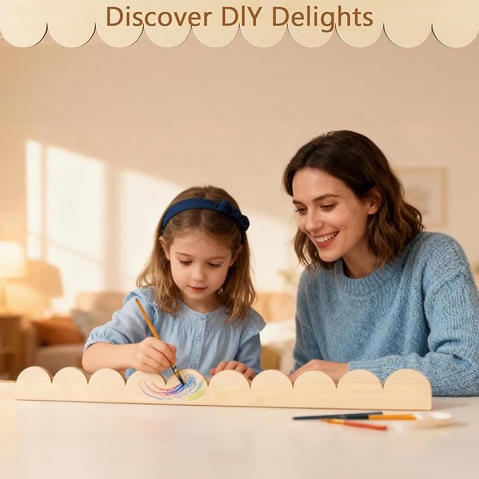 12Pcs Unfinished Scalloped Decorative Wood Trim with Glue Dots, 15.75" x 1.57" Scalloped Wooden Edging Trim Cute DIY Moulding Trim for Home Wall Cabinet Window Door Decor, Interior & Exterior Use