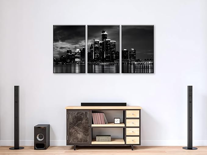 NAN Wind 3 Pcs Detroit Skyline Canvas Wall Art Cityscape Night Scene Black and White City Art Print on Canvas Modern Giclee Framed Painting for Room Decor Home Decor Detroit Skyline Picture Prints