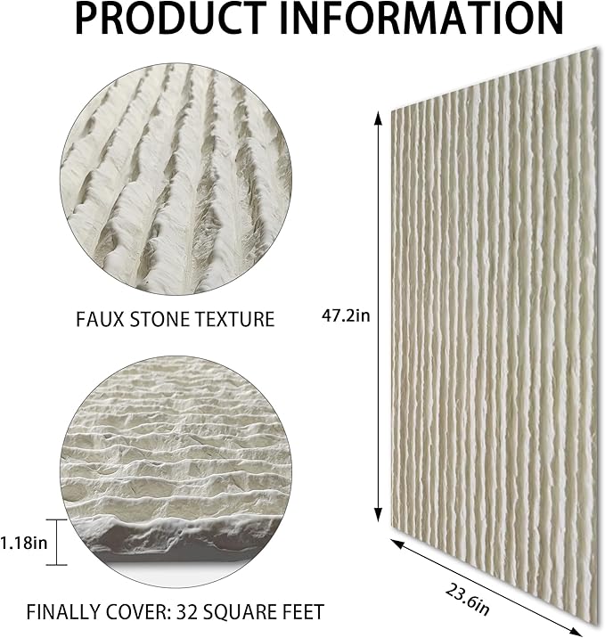 KASARO 3D Panels for Interior Wall Decor, Faux Stone PU Panel, Decorative Textured Flowstone Wall Covering Panels, 47.24" x 23.62" Waterproof, Bedroom Hotel Office Shop, White, 3 Pack