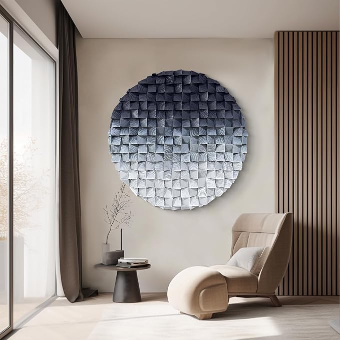 LIUZEYUE - 3D wooden block decoration painting art wall decoration 3D wooden background wall living room bedroom study (blue gray gradient) Diameter 23.6"