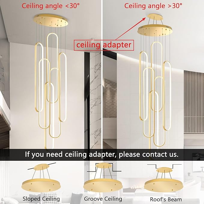 6-Rings Modern Chandelier, LED Gold Large Contemporary Light for Staircase, Dimmable Flush Mount High Ceiling Chandeliers with Remote Control for Villa Foyer