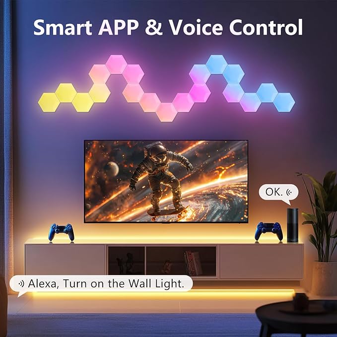Led Wall Panel Gaming Lighit 10 PCS, Hexagon Led Light RGB with IC, Home Decor Smart Hexa Light with Music, Work with Alexa and Google Assistant for Gaming Room, Bedroom, Christmas Deco