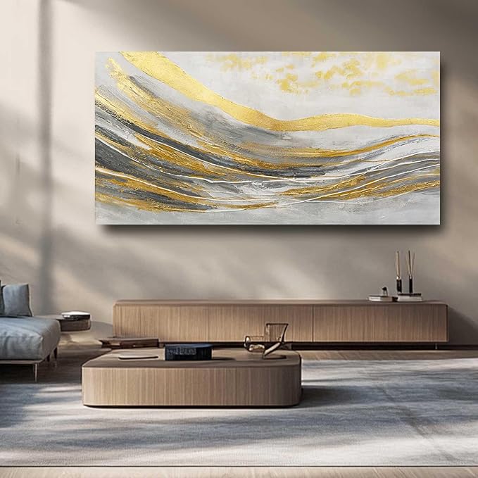 Artexist White Line Wall Paintings Modern Wall Art Gold Foil Photo Prints 29"x58" Large Dining Room Wall Decor Posters for Bedroom