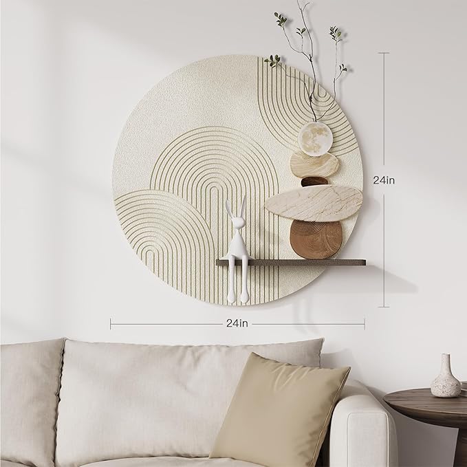 3D Textured Neutral Abstract Wall Art Decor With Shelf, Boho Beige and Brown Artwork for Walls With Green Accent, Modern Minimalist Wall Decor for Living Room, Hallway, Kitchen, Bedroom, Office, 24x24