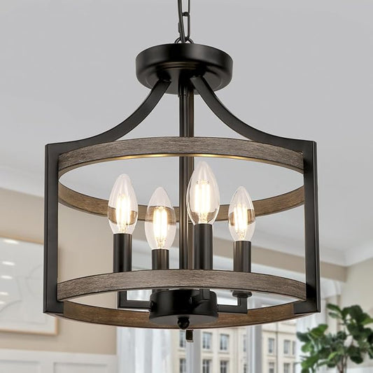 4-Light Farmhouse Chandelier, Rustic Metal Hanging Pendant Lighting, Convertible Semi Flush Mount Ceiling Light Fixture Faux Wood Black Chandeliers for Dining Room Kitchen Foyer Entryway