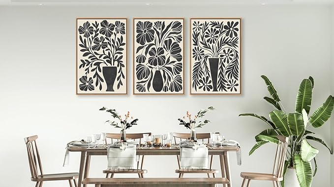 arteWOODS Botanical Framed Wall Art - Neutral Abstract Pictures Vintage Boho Floral Wall Decor Black Beige Minimalist Prints Aesthetic Vase Flowers Painting Artwork 24" x 36" Set of 3 Natural Framed