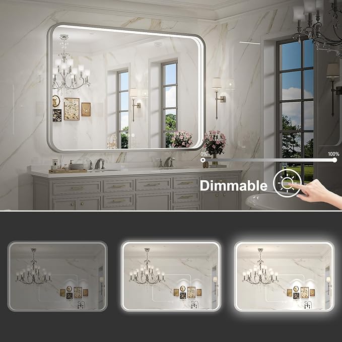 LED Bathroom Mirror with Lights,48x36 Inch Brushed Silver Framed Lighted Vanity Mirror,Anti Fog Stepless Dimmable Wall Mounted(Horizontal/Vertical)