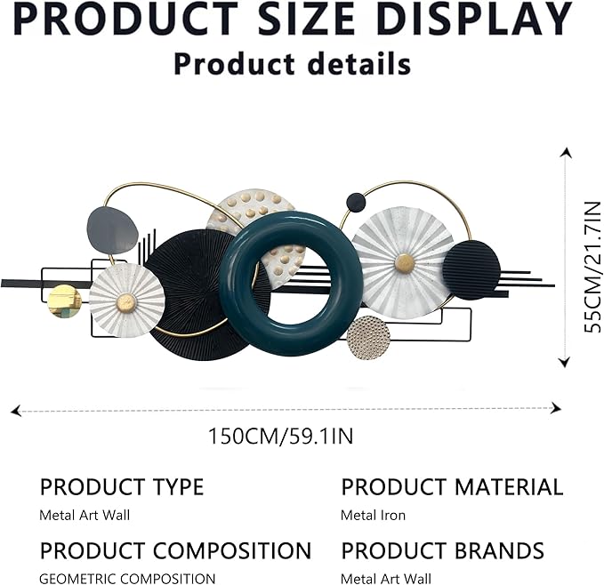 Modern Abstract Metal Wall Art, Large 59x 21 Inches Wall Sculptures, Geometric Circles Design Wall Decor, Blue Black White, Wall Decors for Living Room Bathroom Bedroom Dining Room