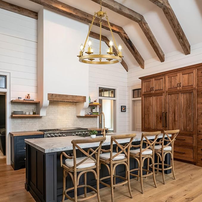 6-Light Gold Wagon Wheel Chandelier, Modern Farmhouse Chandelier Rustic Industrial Round Small Wagon Wheel Light for Dining Room, Kitchen, Bedroom, Living Room,Entryways