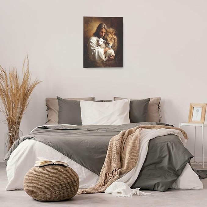 Jesus Lion Lamb Wall Art Christian Jesus Wall Decor Lion of Judah Pictures Religious God Canvas Painting Print Christ Artwork Decoration for Living Room Bedroom Church Framed Gifts 16”X20”