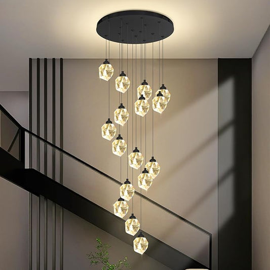 16-Lights Black Spiral Staircase Crystal Chandeliers 130 inch Long Chandelier High Foyer Ceiling Chandelier LED Dimmable 3000-6000K