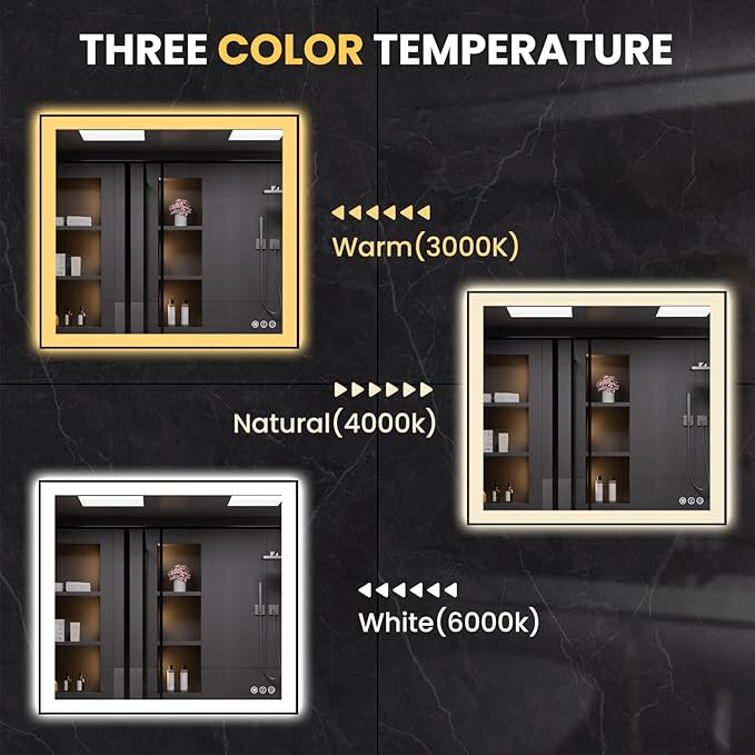 LOAAO 40"X38" LED Bathroom Mirror Black Framed, Anti-Fog, Dimmable, Lighted Bathroom Vanity Mirror for Wall, Memory Function, Tempered Glass