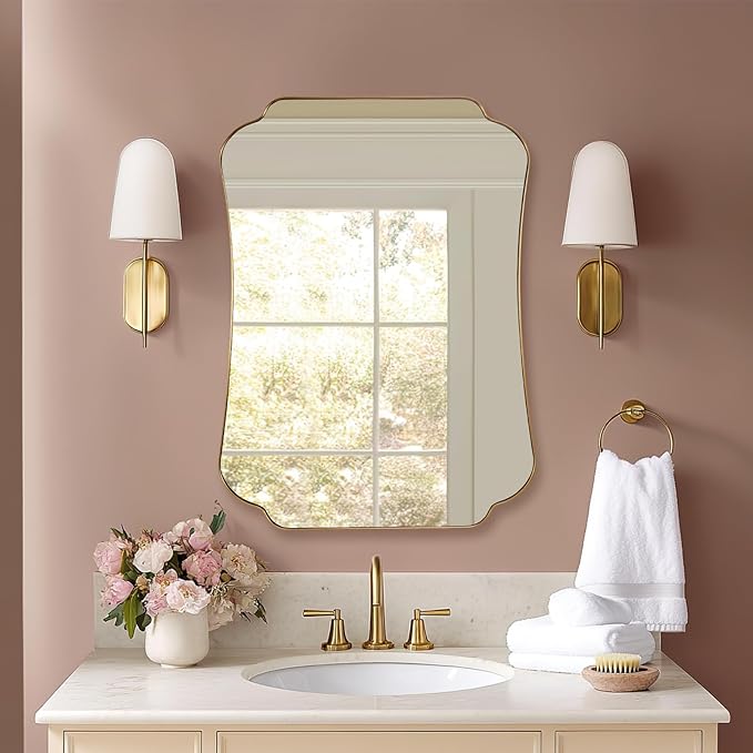 ANDY STAR 24"x32" Gold Mirror, Brushed Brass Scalloped Wall Mirror, Bathroom Wall Mirror with Stainless Steel Metal Framed Ideal for Bedroom, Hallway