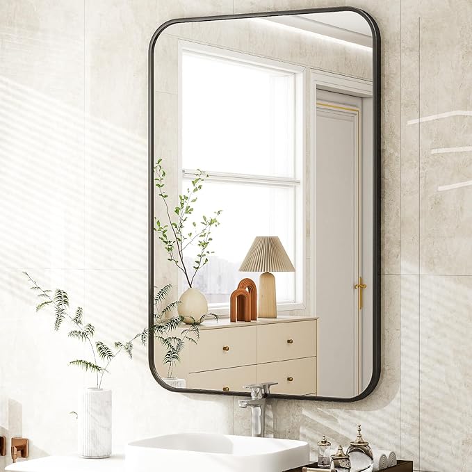 30 x 40 Inch Bathroom Mirror, Rounded Rectangular Vanity Mirror for Wall, Modern Mirror for Room Decor, Black Framed Wall-Mounted Mirrors for Home Decor, Hangs Horizontally or Vertically