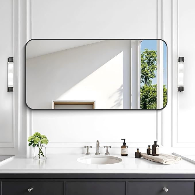 KOCUUY Black Bathroom Mirror, 20" x 40" Metal Frame Rectangle Mirror with Rounded Corner, Classic Design of Upgraded Shatterproof Glass for Bathroom, Bedroom, Living Room, Entryway
