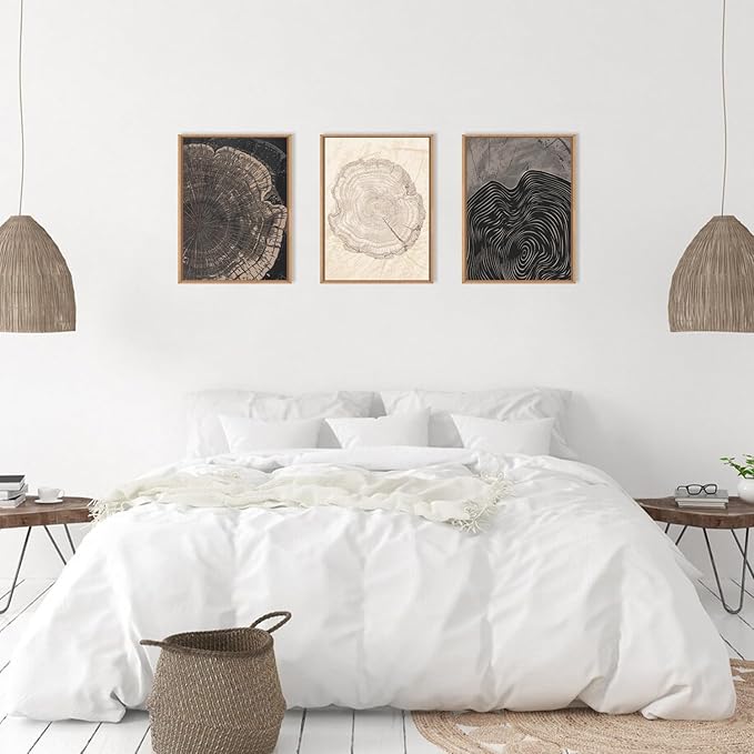 Beige Pastel Wood Tree Rings Framed Canvas Wall Art Set,Modern Nature Grey Wood Stump Wall Decor,Vintage Minimalist Tree Spiral Art Print for Living Room,Bedroom,Dining Room,Office-12 x16 x3