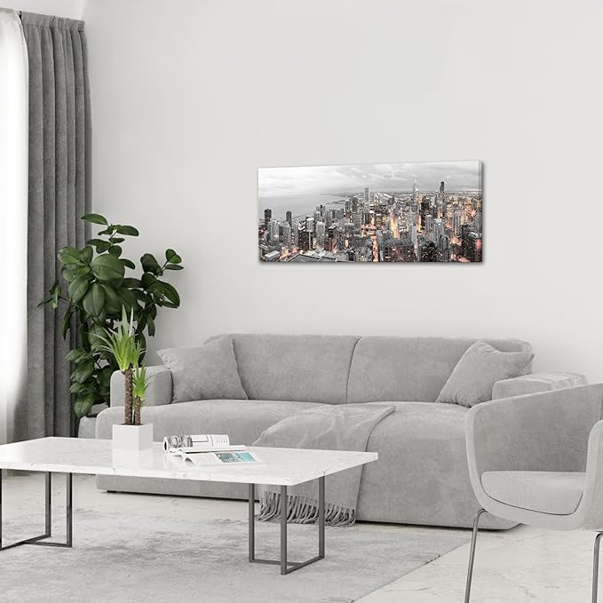 Conipit Black and White Canvas Wall Art Chicago Skyline Cityscape Canvas Print Chicago Panorama Picture Prints Framed for Living Room Bedroom Office Decor 20''X48''