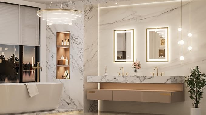 Keonjinn 22 x 30 in Gold LED Mirror with Frontlit & Backlit, Lighted Mirrors for Bathroom Wall, Modern Brushed Frame Beveled Edge, Tempered Glass, 3 Color Lights, Defogging, Dimmable, Memory Function