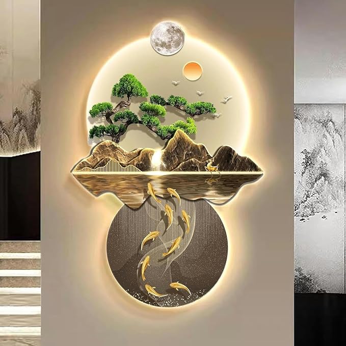 DLYZAYE 3D Wall Art Decor Wall Sculptures Wall Hanging Art with Led Light Wall Art Decorations Lamp Oriental Decor Traditional Chinese Wall Hanging Painting~/