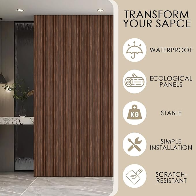 16-Pack 3D Slat Wall Panels, Easy-Install Soundproof Faux Wood Wall Panels, Modern Interior Décor for Living Room, Bedroom, Office, Walnut Finish, 48.2" x 6.3"