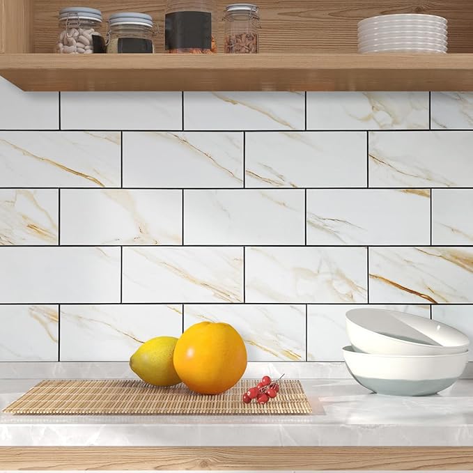 AULIGET 6" x 12" Calacatta Gold Peel and Stick Backsplash Wall Tiles, PVC Faux Stone Stick on Tiles for Backsplash Kitchen, Bathroom, Laundry Room, Camper, Fireplace (Pack of 20)