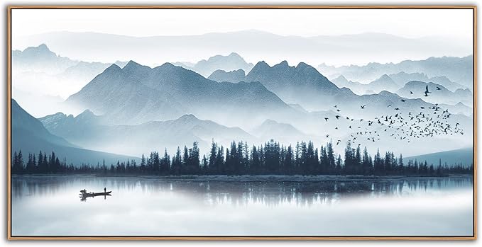 arteWOODS Indigo Framed Canvas Wall Art Misty Mountain Wall Pictures Foggy Lake Boat Painting Prints Forest Birds Artwork Wall Decor for Living Room Bedroom Decorations Framed 20" x 40" Natural