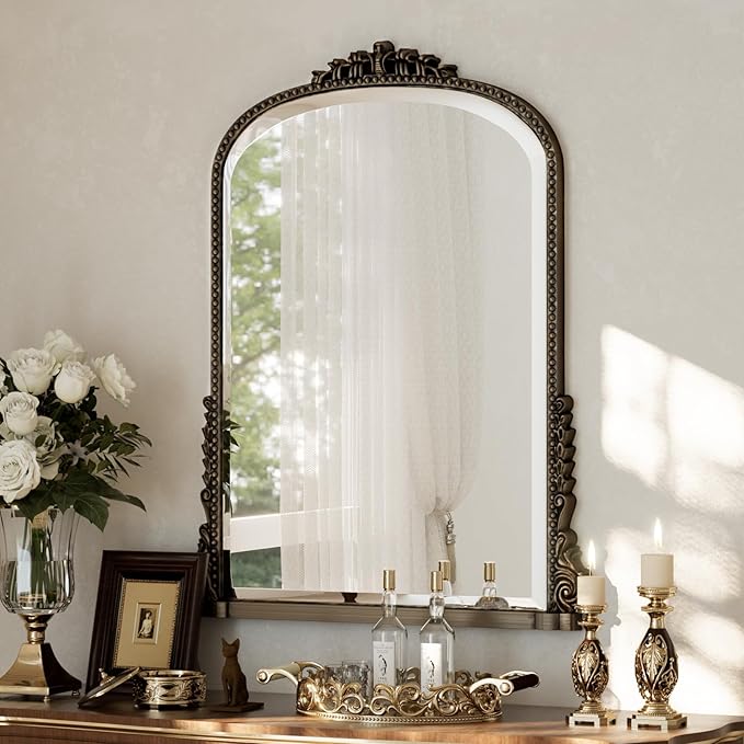 32 x 24 inch Beaded Arched Wall Mirror, Vintage Bathroom Vanity Mirror Over Sink for Entryway, Bedroom, Living Room, Bronze