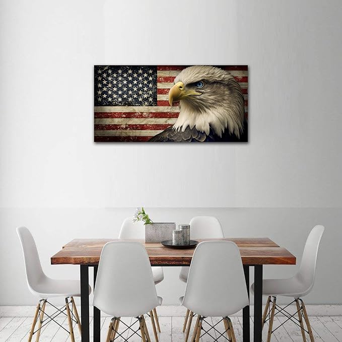 American Flag Canvas Wall Art - Flag of USA with Eagle Pictures for Wall Decor Patriotic Canvas Printing Artwork Vintage Rustic Design for Living Room Home Office Wall Decoration 20" x 40"