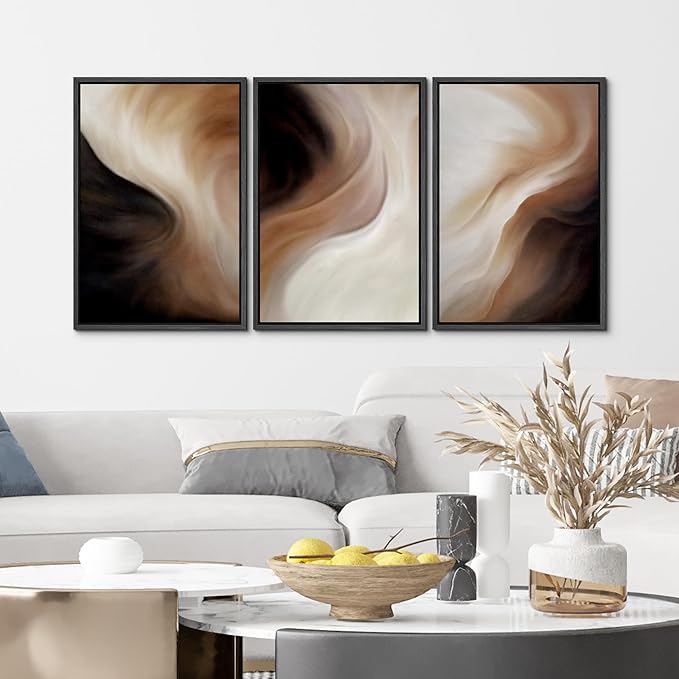 MUDECOR Framed Canvas Print Wall Art Abstract Neutral Brown and Beige Fluid Illustrations Realism Decorative for Living Room, Bedroom, Office - 24"x36"x3 Black