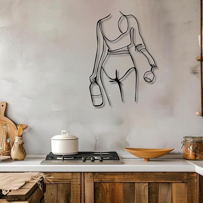 Metal Wall Art Woman Drinking Wine, Modern Minimalist Abstract Line Sculpture, Feminine Wall Decor for Living Room, Dining Room, Bar, Kitchen, Perfect Wine Lover Birthday Housewarming Gift – Black 23.6"x16.9"