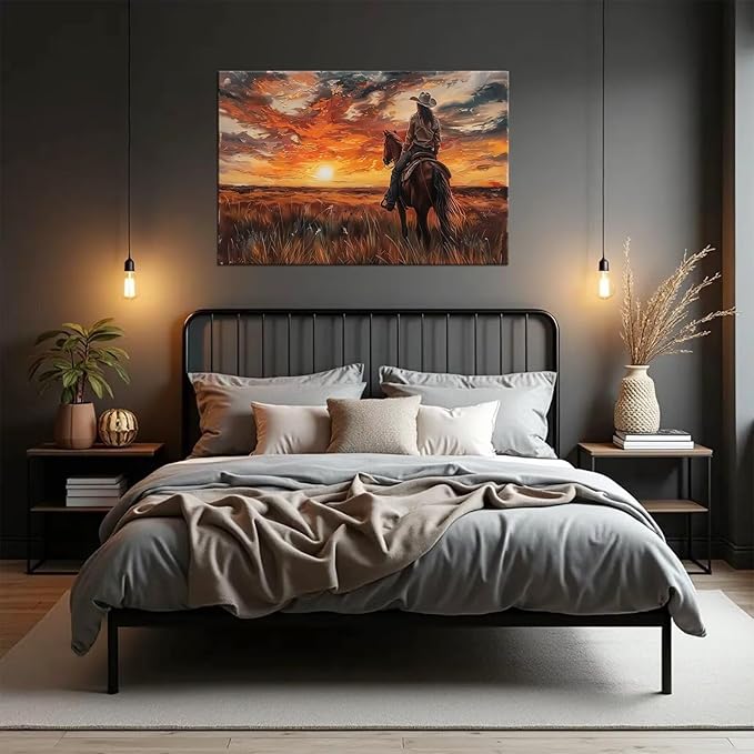 American Western Cowboy Wall Art Sunset Wall Decor Southwestern Farms Pictures for Bedroom Living Room Office Home Decortion Prints Vintage Artwork Framed(28L" x 44W")