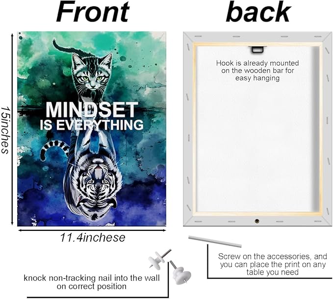 Mindset is Everything Motivational Canvas Wall Art, 11.4x15in Inspirational Quotes Framed Art Paintings Wall Decor Unique Cat Lover Gifts Prints Picture for Living Room Office Kitchen Decor