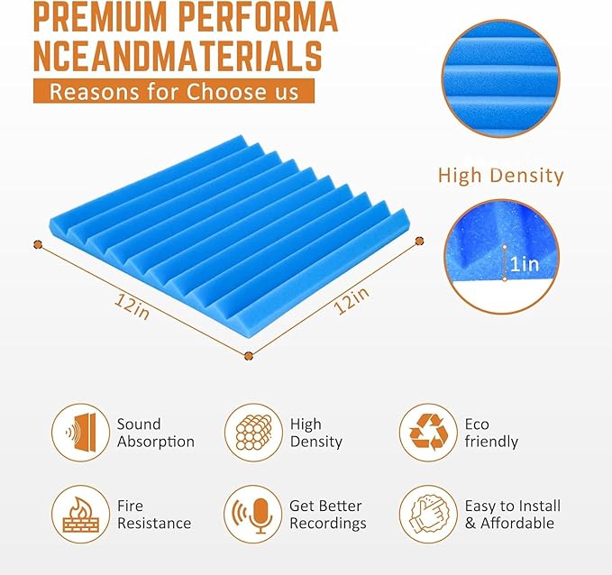 Blue Acoustic Panels 24 Pack 1 x 12x 12 Inches Sound Proof Foam for Wall Soundproof Noise Cancelling Wedge Studio Foam Panels Sound Absorbing High Density