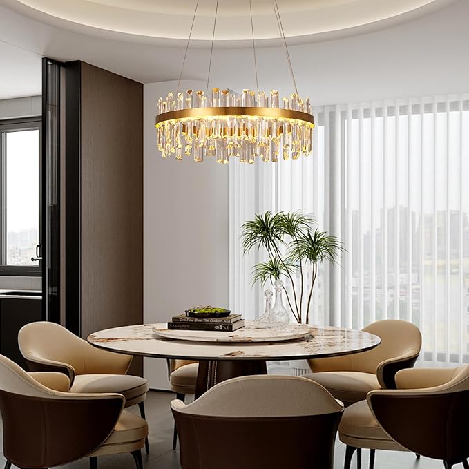 Modern Gold Crystal Led Chandelier: 23.6" Round 3 Color Dimmable K9 Luxury Crystals Chandeliers for Dining Room Lights over Table - Elegant Contemporary Living Room Bedroom Kitchen Light with Remote