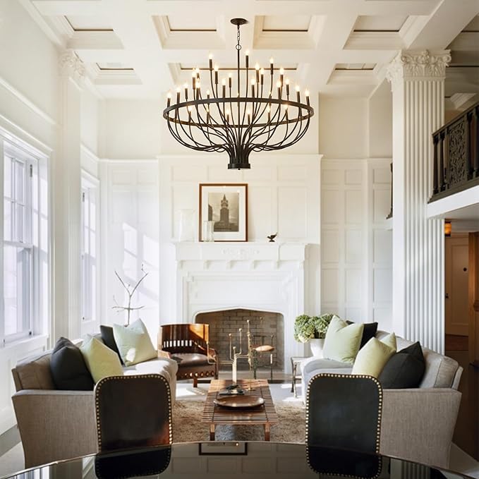 Large Black Chandeliers for High Ceilings, 33-Light 48" Farmhouse Light Fixture for Dining Room Kitchen Island, Modern Industrial Candle Style Chandelier for Living Room Stair Foyer