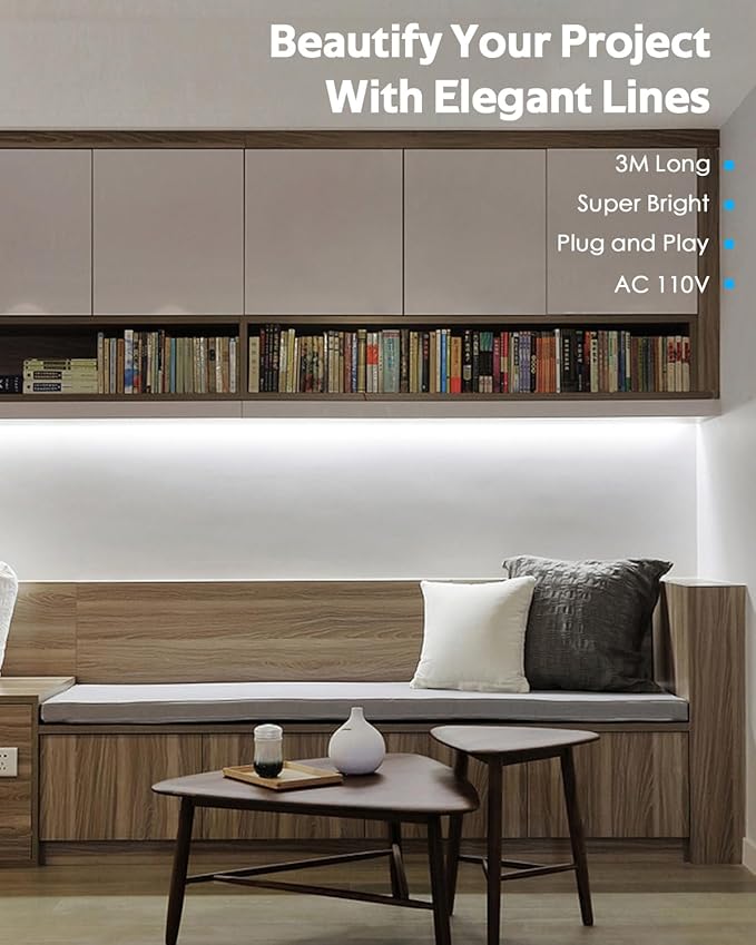 COB LED Strip Light 10FT 6000K Daylight White AC 110V-120V LED Rope Lights Outdoor Waterproof IP65 High Density 288LEDs/M Flexible LED Light Strip with Switch for Garden Bedroom Indoor 3M