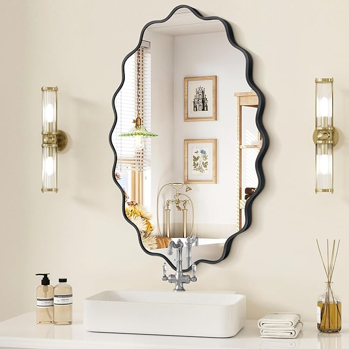 Oval Wavy Mirror - Irregular Wall Mirror 22"x30" Black Asymmetrical Aviation Aluminum Alloy Frame for Bathroom, Bedroom, Living Room, Cloakroom, Entryway