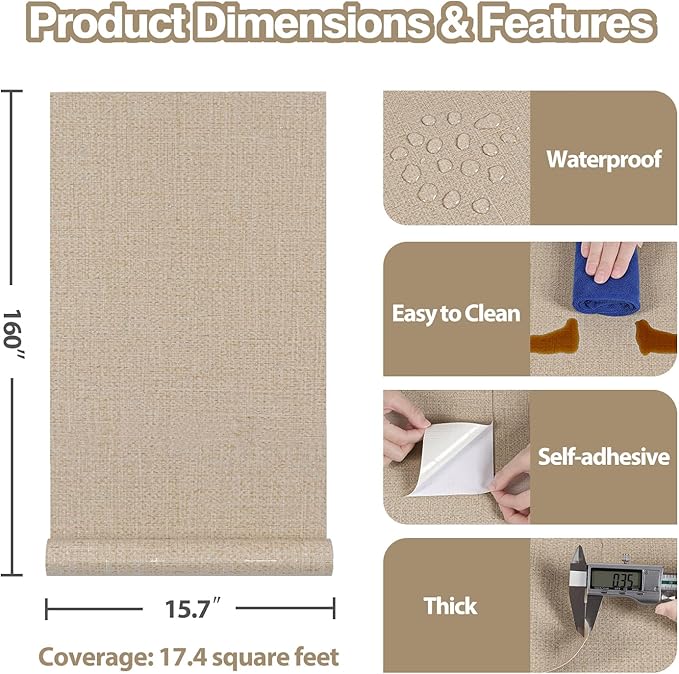 Beige Grasscloth Peel and Stick Wallpaper Prepasted Faux Grass Cloth Textured Wallpaper 15.7"x160" Removable Woven Linen Vinyl Wrap Waterproof Beige Contact Paper for Walls Living Room Shelf